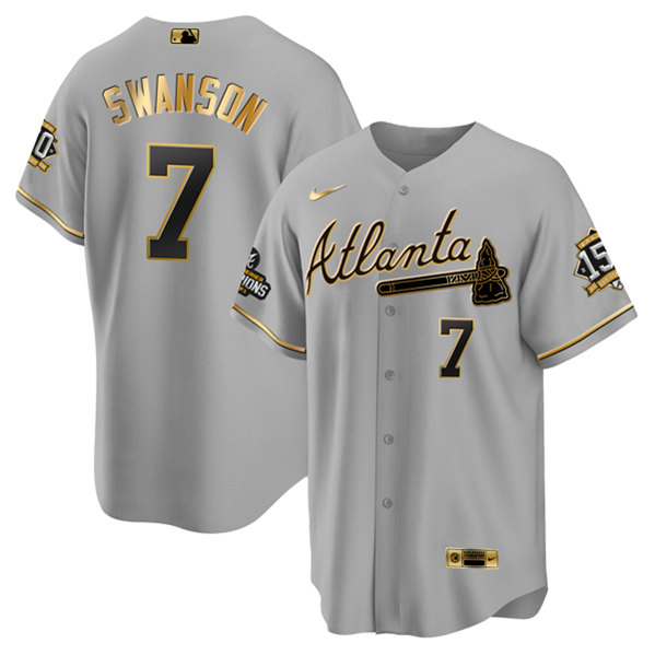 Men's Atlanta Braves #7 Dansby Swanson 2021 Gray/Gold World Series Champions With 150th Anniversary Patch Cool Base Stitched Jersey